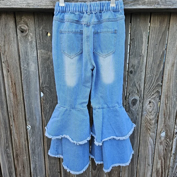 Girls Ruffle Flare Distressed Jeans - Blue 8Y - Picture 9 of 16